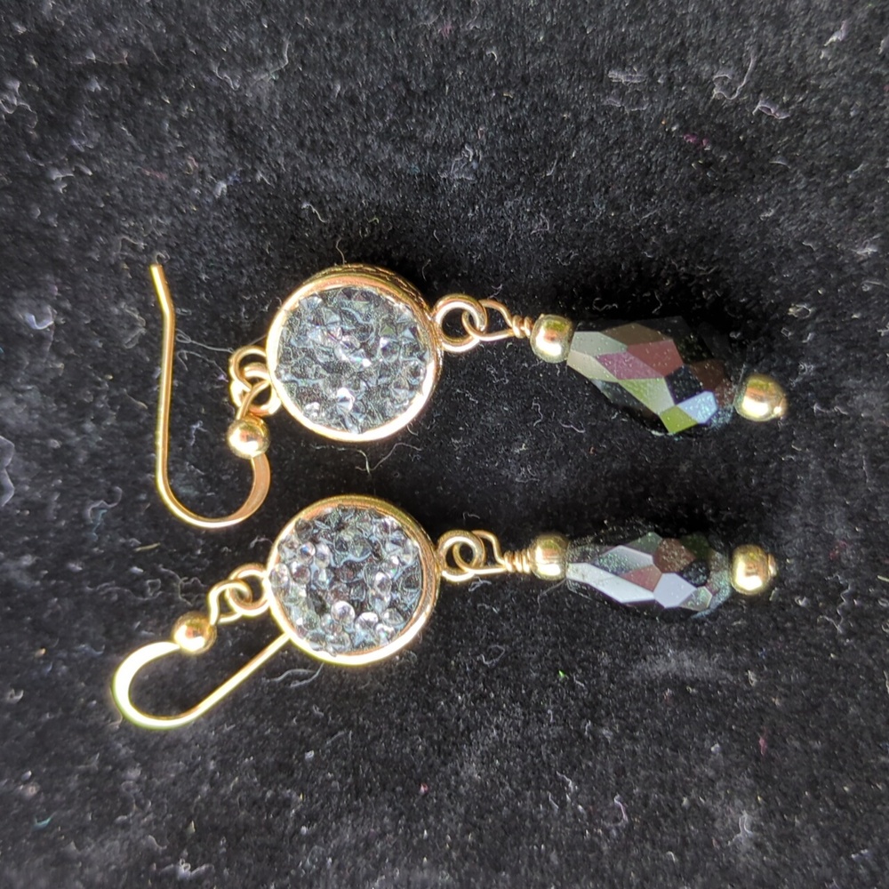 Black and gold druzy quartz dangle earrings